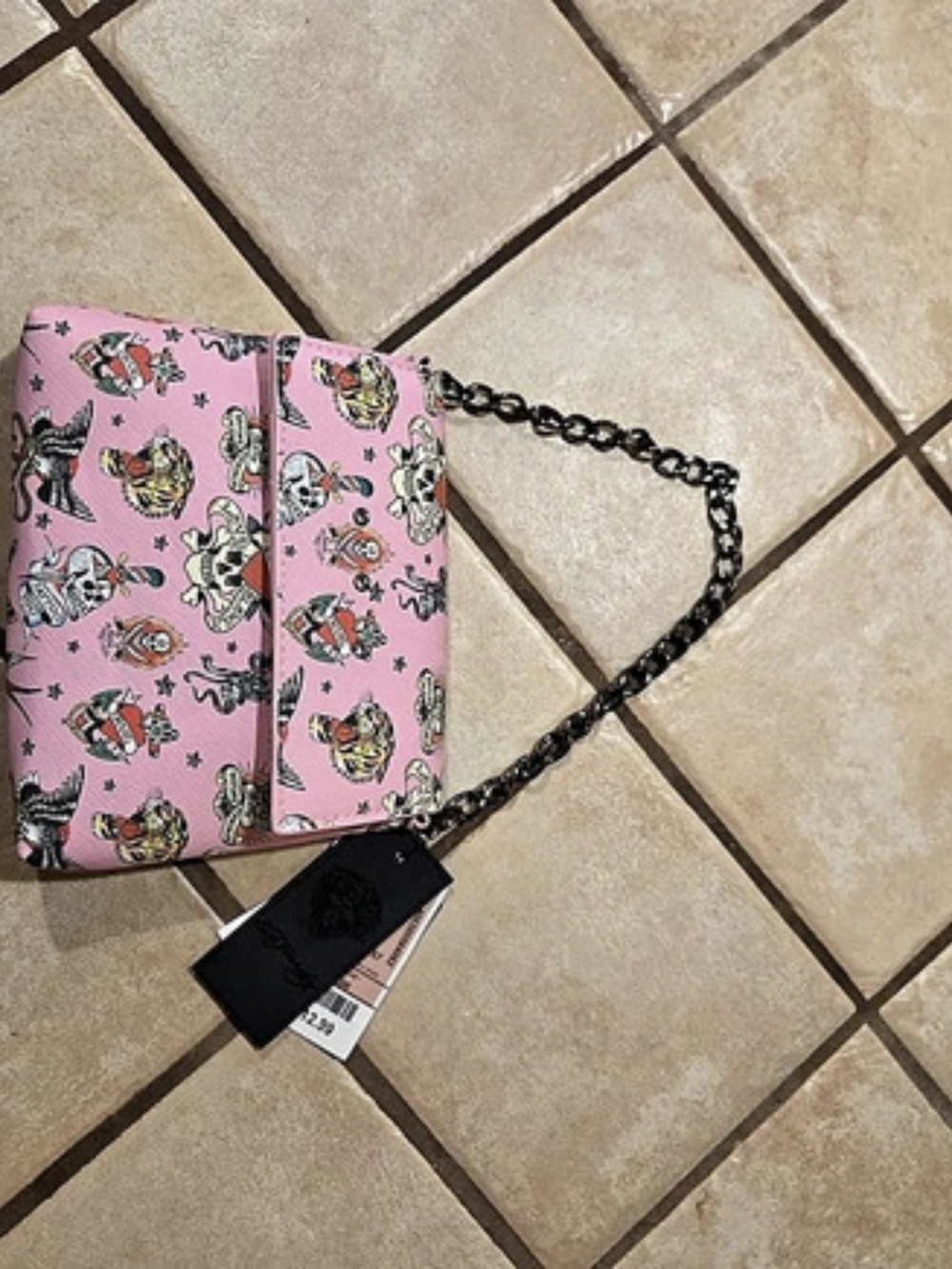 Ed Hardy Pink Tattoo Print Shoulder Bag with Chain Strap